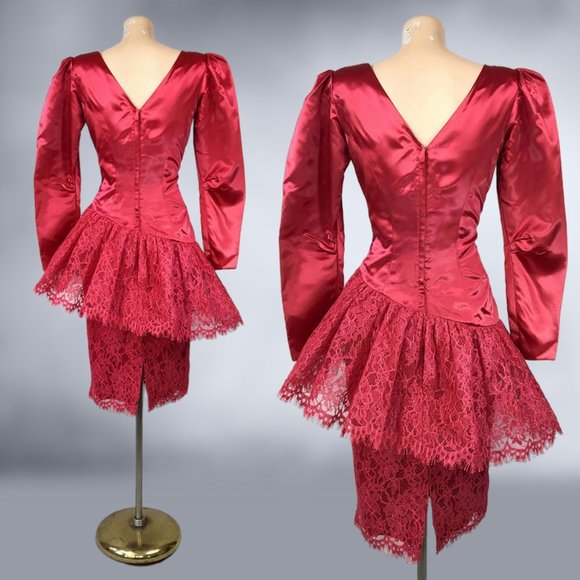 Vintage 80s Red Satin and Lace Peplum Cocktail Party Dress by Sylvia Ann Size 8 - Picture 7 of 10